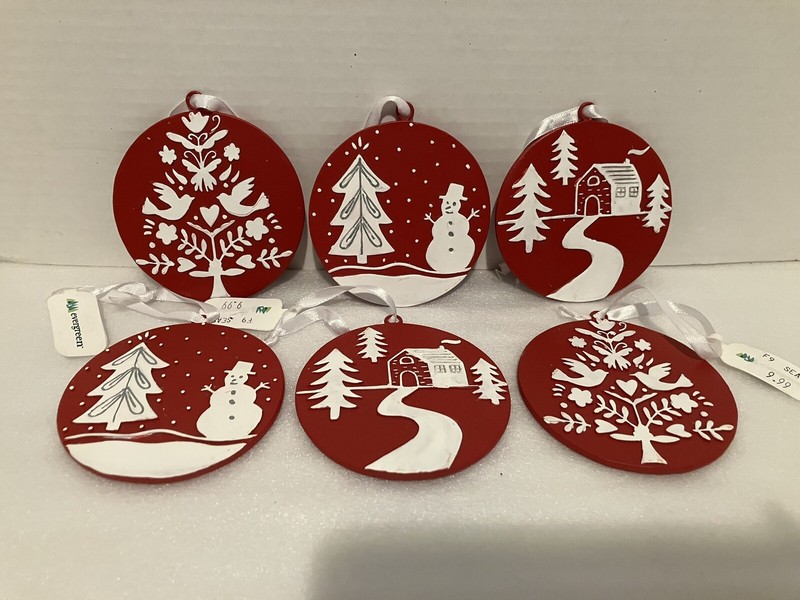 Set Of 6 Evergreen Brand Porcelain Christmas Tree Ornaments: Red And White New