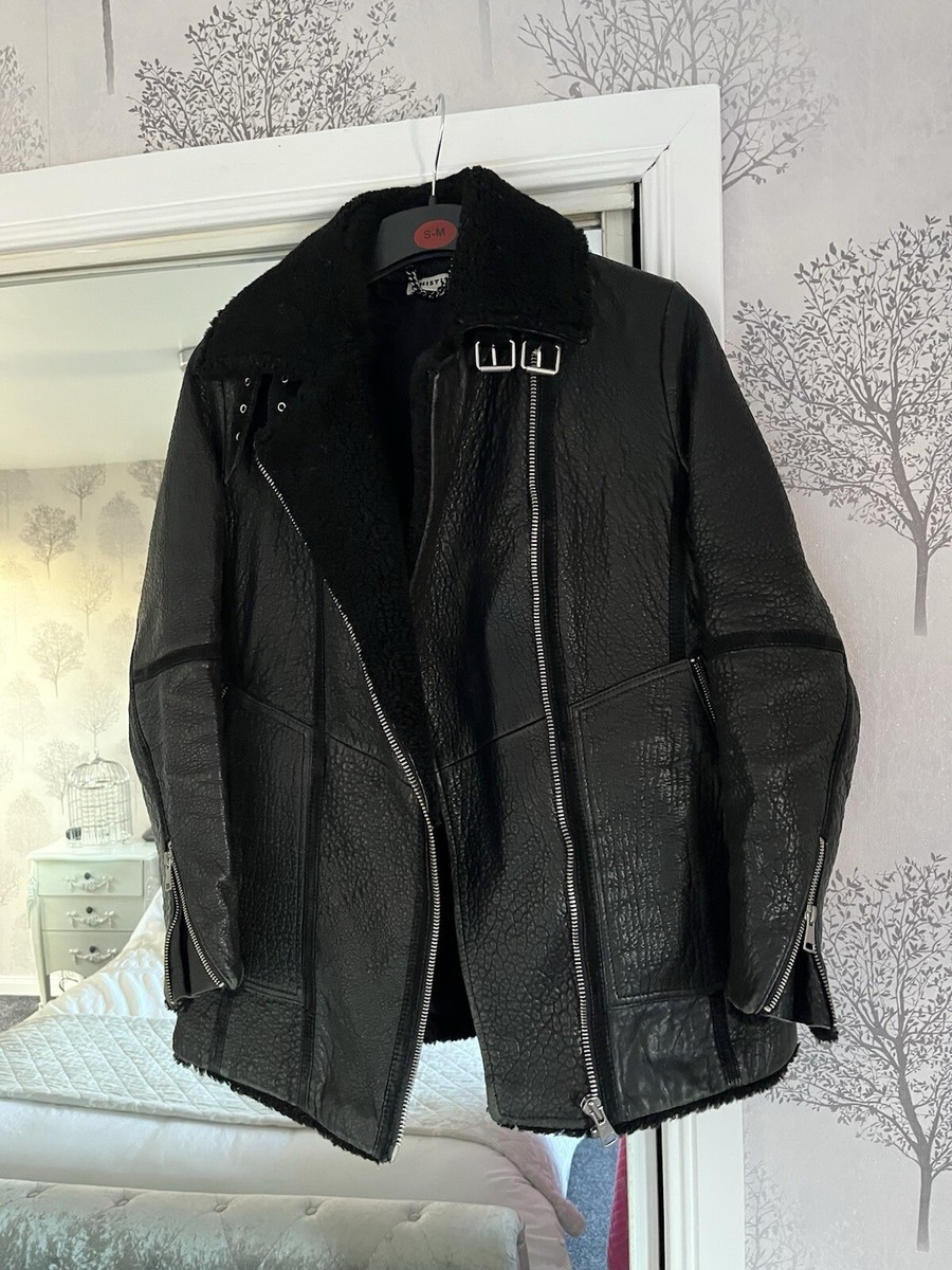 Whistles Black Leather Shearling Jacket Size M UK