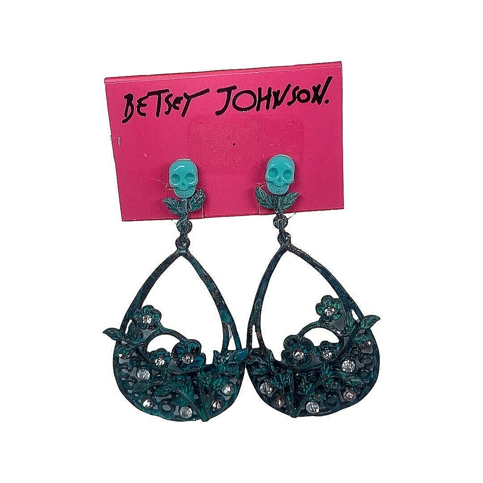 Pendientes de aro grandes con calavera y pátina verde azulado Betsey Johnson 2" cristal declaración Foto 2 de 4