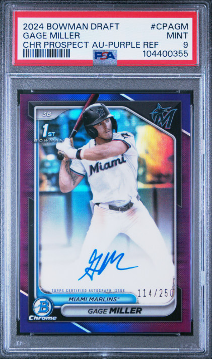 2024 Bowman Draft #CPAGM Gage Miller 1st Chrome Purple Auto /250 PSA 9 Marlins