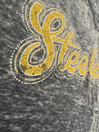 TOUCH BY ALYSSA MILANO PITTSBURGH STEELERS RHINESTONE THIN V-NECK TEE SHIRT SZ L - Picture 6 of 7