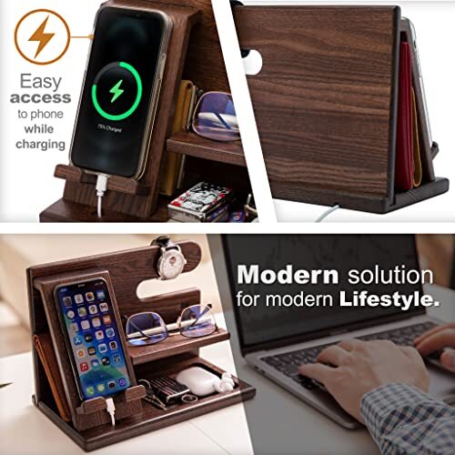 Wood Phone Docking Station Ash Key Holder Wallet Stand Watch Deep Brown - Zdjęcie 3 z 7