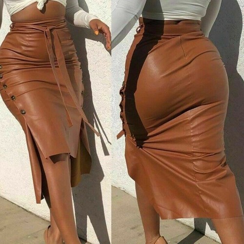 Lederrock Damen Split Slim mittlere Länge Paket Hüftrock Pu Rock - Bild 3 von 12