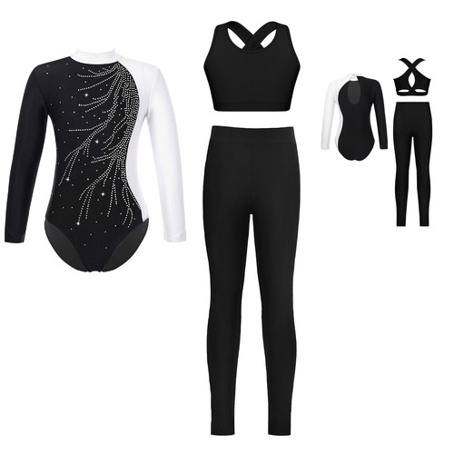 Kids Girls Suit Dance Set Leotard Outfit Unitard Activewear Shiny Mock Neck - Picture 24 of 32