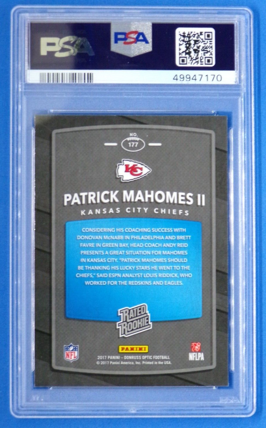 2017 Donruss Optic 177 Patrick Mahomes Kansas City Chiefs Rated Rookie PSA 9 RC view 2