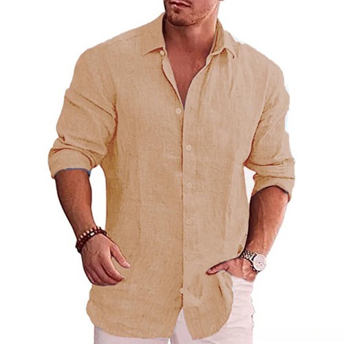 Men’s Cotton Linen Long Sleeve Shirt – Casual Solid Color Plus Size Autumn Shirt - Picture 10 of 12