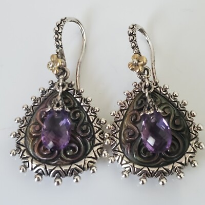 BARBARA BIXBY Earrings Carved Black MOP Amethyst BRIOLETTE 925 18K Flower  QVC