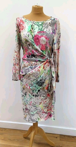 Riani Floral Print Dress Size 12 Mock Wrap Wedding Cream Excellent Condition
