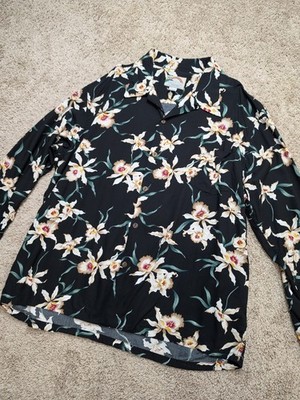 Paradise Found Star Orchid Black Kamehameha Style Long Sleeve Hawaiian Shirt 2XL
