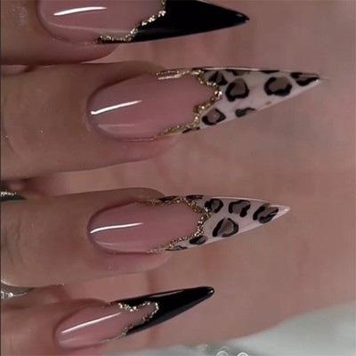 24Pcs French False Nail Glossy Artificial Nail Full Cover Leopard Press on Nail