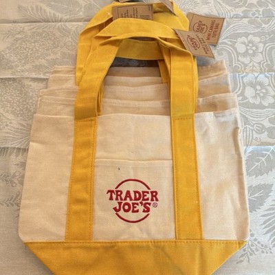 Trader Joe's Mini Canvas Tote Bag Reusable Foldable Yellow Beige Small Shopping