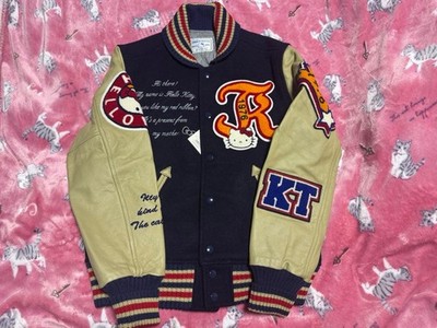 Sanrio Hello Kitty 30th Anniversary Navy Beige Leather Sleeve Stadium Jumper M-L