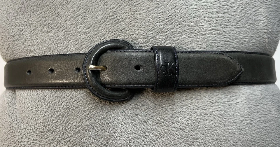 Vintage Calvin Klein CK Jeans Black Leather Belt Sz M / 30.5 Wrapped Buckle Logo - Image 4 of 4
