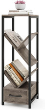 Tree Bookshelf 4 Tier Bookcase Drawer Storage Display Shelf Narrow Metal Grey
