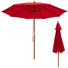 9.5 FT Wooden Patio Umbrella w/ Wood-Grain Pole & Bright-Color Canopy Red