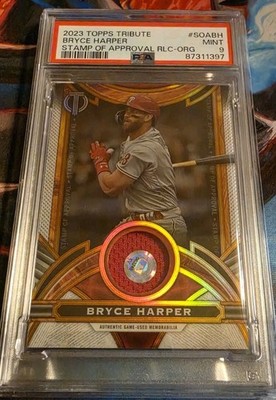 Bryce Harper 2023 Topps Tribute Stamp Of Approval Orange Relic 23/25 PSA 9