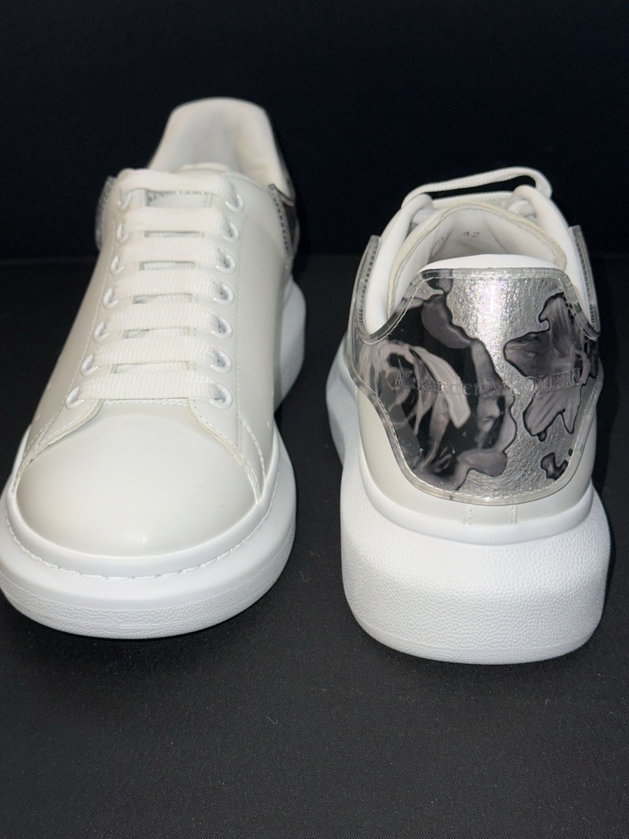 Alexander McQueen White Silver Floral Leather Men's Sneakers