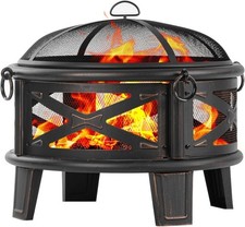 26 Inch Wood Burning Fire Pit with Cooking Grill and Spark