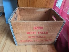 Vtg White Eagle wooden Beverage Crate Box Chicopee Falls MA Rustic 1950s Soda