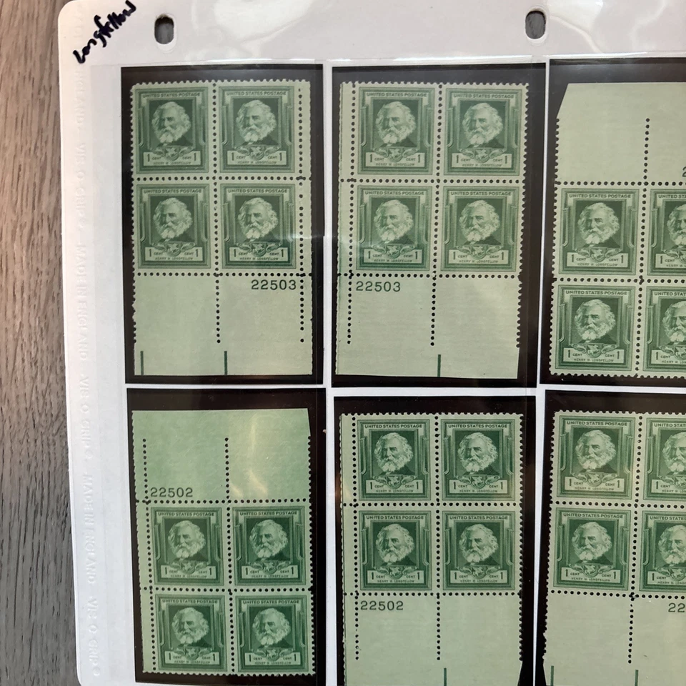 8 PC LOT US Stamps Scott 864 1c plate blocks 1940 Henry W Longfellow MNH - Image 2 of 3