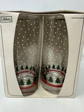 Libbey Christmas Tree Snow Tall Glass Tumblers Set of 4 Glasses 1984 Vintage NEW