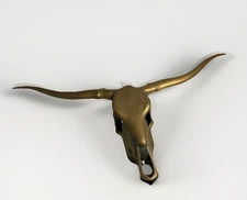 Mid Century Brass Longhorn Steer Skull Head Horns Wall Sculpture Cow Bull