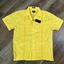 Omega Fashion Men s Yellow Embroidered Shirt L 16-16.5 Short Sleeve Button NEW