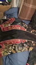 Chinese Black Silk Fabric Robe with Dragon Embroidery, Red Trim, Gold Accents