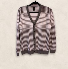 J. Ferrer Men's Cardigan Sweater Gray White Stripe Long Sleeve Cotton M