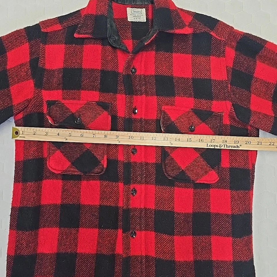 Vtg Sears Roebuck Mens Wool Blend Buffalo Plaid Flannel Sz 14-S-14½ USA Made Red - Image 4 of 4