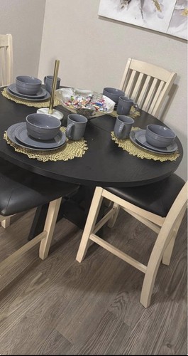 Round Black Wood Dining Table & 4 Light Wood Chairs Set, Seats 4 (5pc)