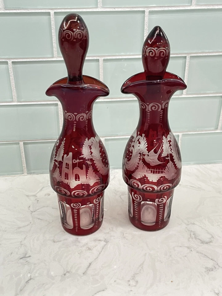 PAIR! BOHEMIAN ART GLASS RUBY STAINED & CUT DECANTER CASTLES DESIGN W/ STOPPER - Image 3 of 4