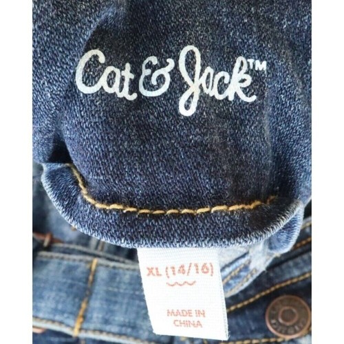 Cat & Jack Overalls Distressed Cuffed Fringe Girls Sz XL Dark Blue Denim Pockets - Picture 7 of 8