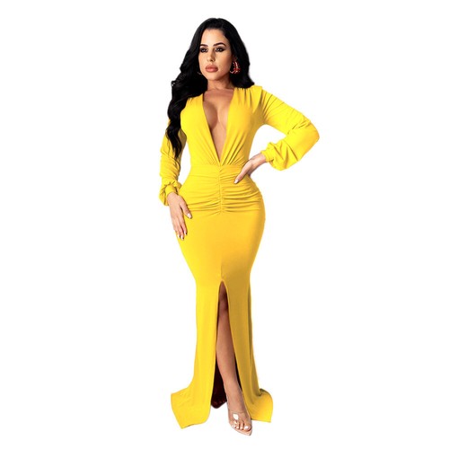 New Sexy Women's Deep V Neck Long Sleeves High Slit Cocktail Evening Party Dress - Picture 5 of 11