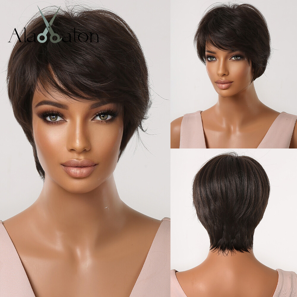 Dark Brown Short Pixie Cut Synthetic Wigs with Bangs for  display picture 2
