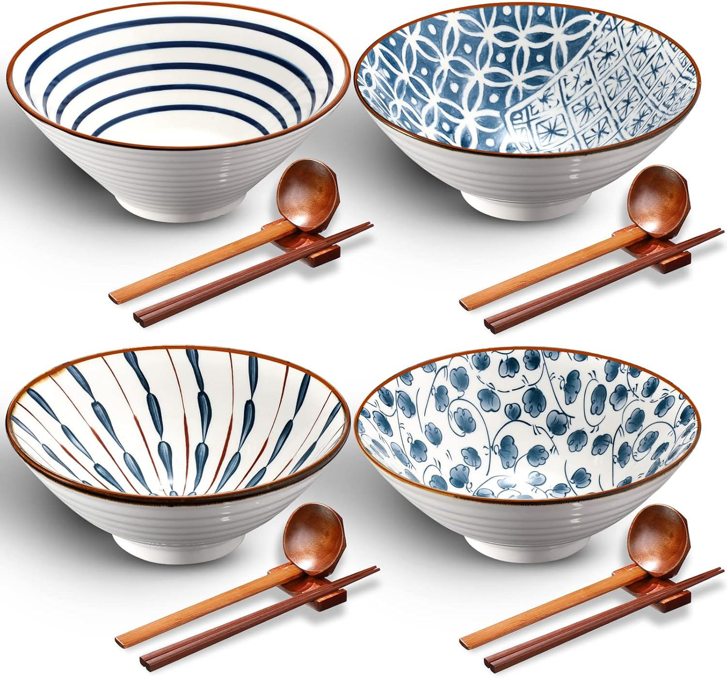 Ceramic Ramen Bowl Set of 4 40 Ounce Japanese Large Ramen Bowls with Chopsticks