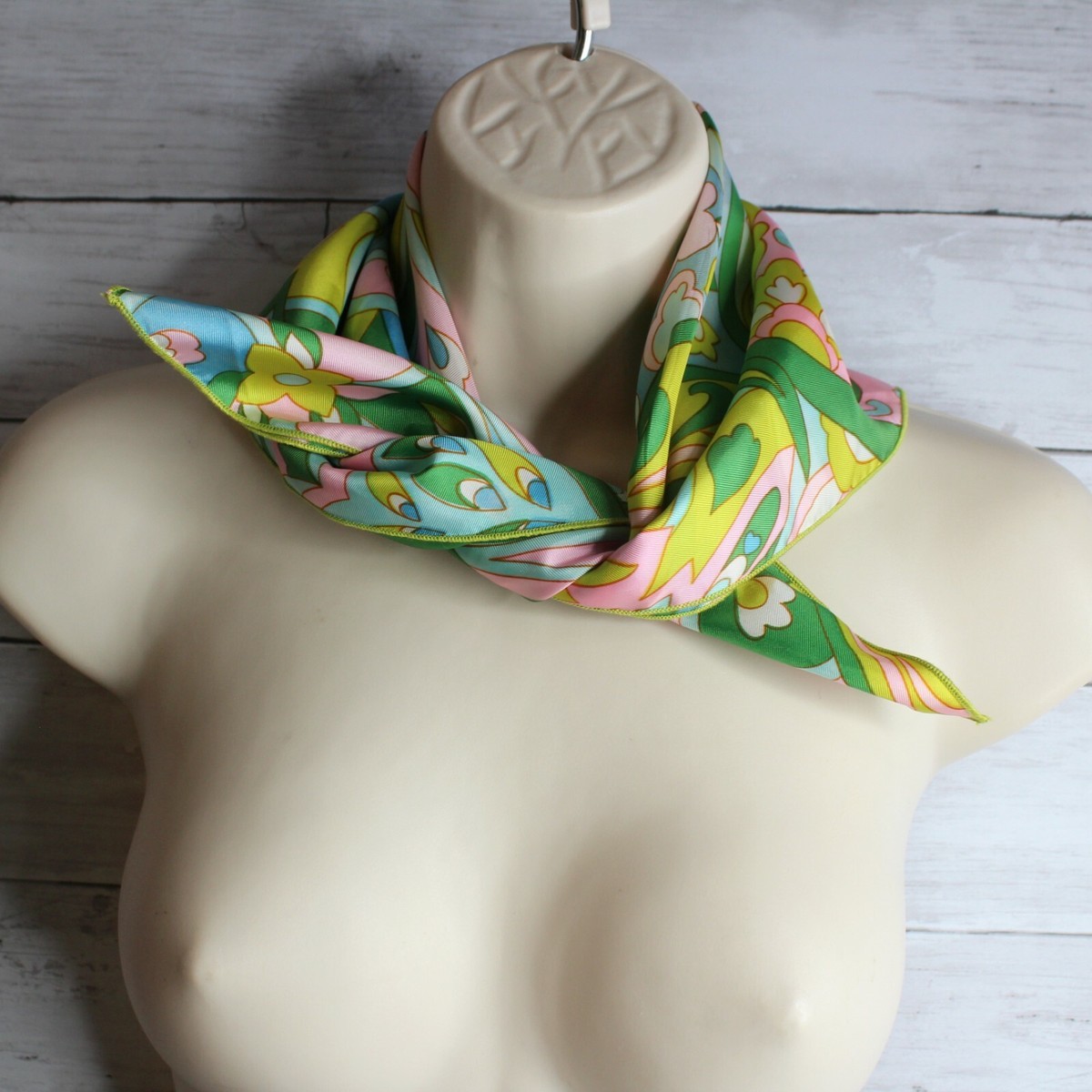 Vintage Women's Retro Fashion Scarf Pink Green Chartreuse Blue Groovy Floral