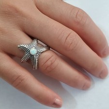 Hand Made in USA Solid.925 Sterling Silver Oxidized Starfish Ring with Lab Opal