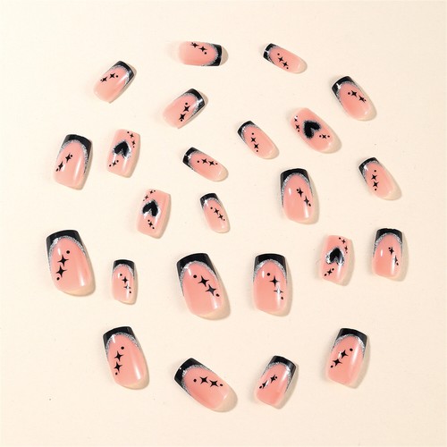 24pcs Stars Silber Black Heart Press-On Fake Nail Short Square French Manicure - Picture 3 of 5