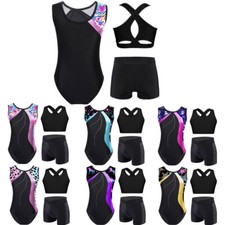 Kid Girl Activewear Stylish Print Leotard Athletic Set Youth Outfits Teens 3PCS