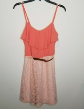 iZ Byer Juniors Dress M Medium Coral Peach Lace Belt Straps Ruffle Sundress