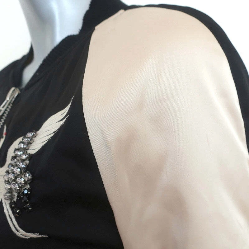Chaqueta Bomber Pam & Gela Crystal Crane Bordada Satén Negra/Crema Talla Pequeña Foto 4 de 4