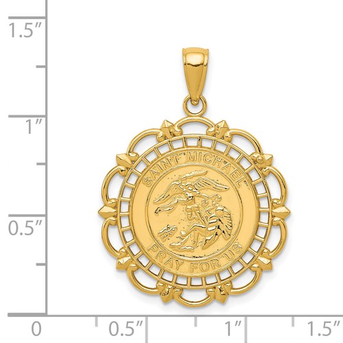 Solid 14K yellow-gold Gold Polished / Satin Saint Michael Medal Pendant - 33mm - Picture 3 of 5