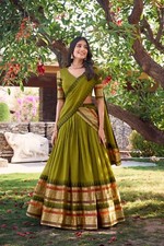 Wedding Collection Mehendi Green Chanderi Lehenga Choli And Dupatta For Women