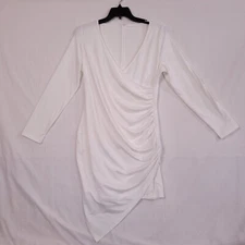 Women's Long Sleeve Deep V-neck Ruched Midi Party Dress Bodycon White Size XL