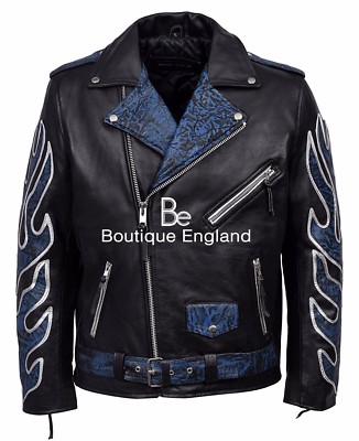 Klassische BRANDO schwarz blau Flamme Herren Biker verstecken Echtleder Jacke MBF