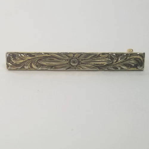 Flower Print Gold Tone Metal Ornate Bar Brooch Vintage