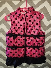 Nannette Girl's Pink Puffer Vest with Black Hearts and Bows Sz 4T Full Zip
