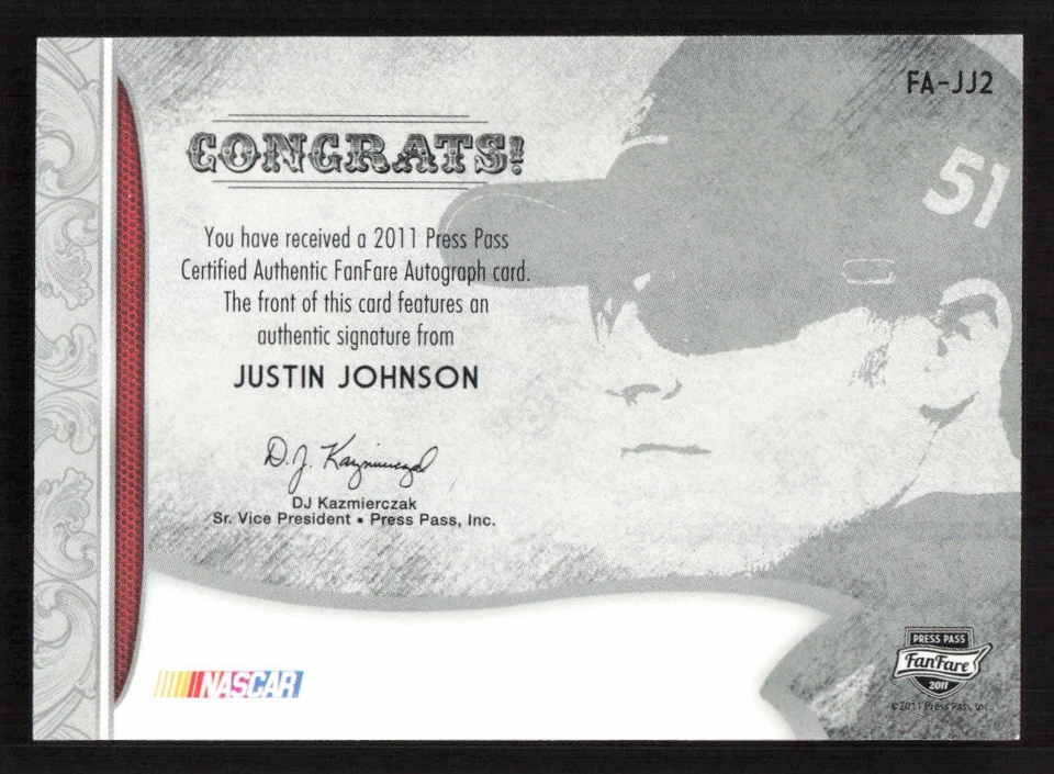 2011 Press Pass Fanfare Justin Johnson Auto Bronze SN,AU #FA-JJ2 Card #/250 - Image 2 of 2