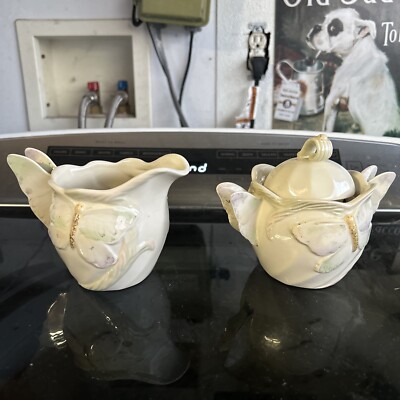 Pre-owned LENOX Garden Splendor Sculpted SUGAR BOWL+CREAMER Pastel Butterflies